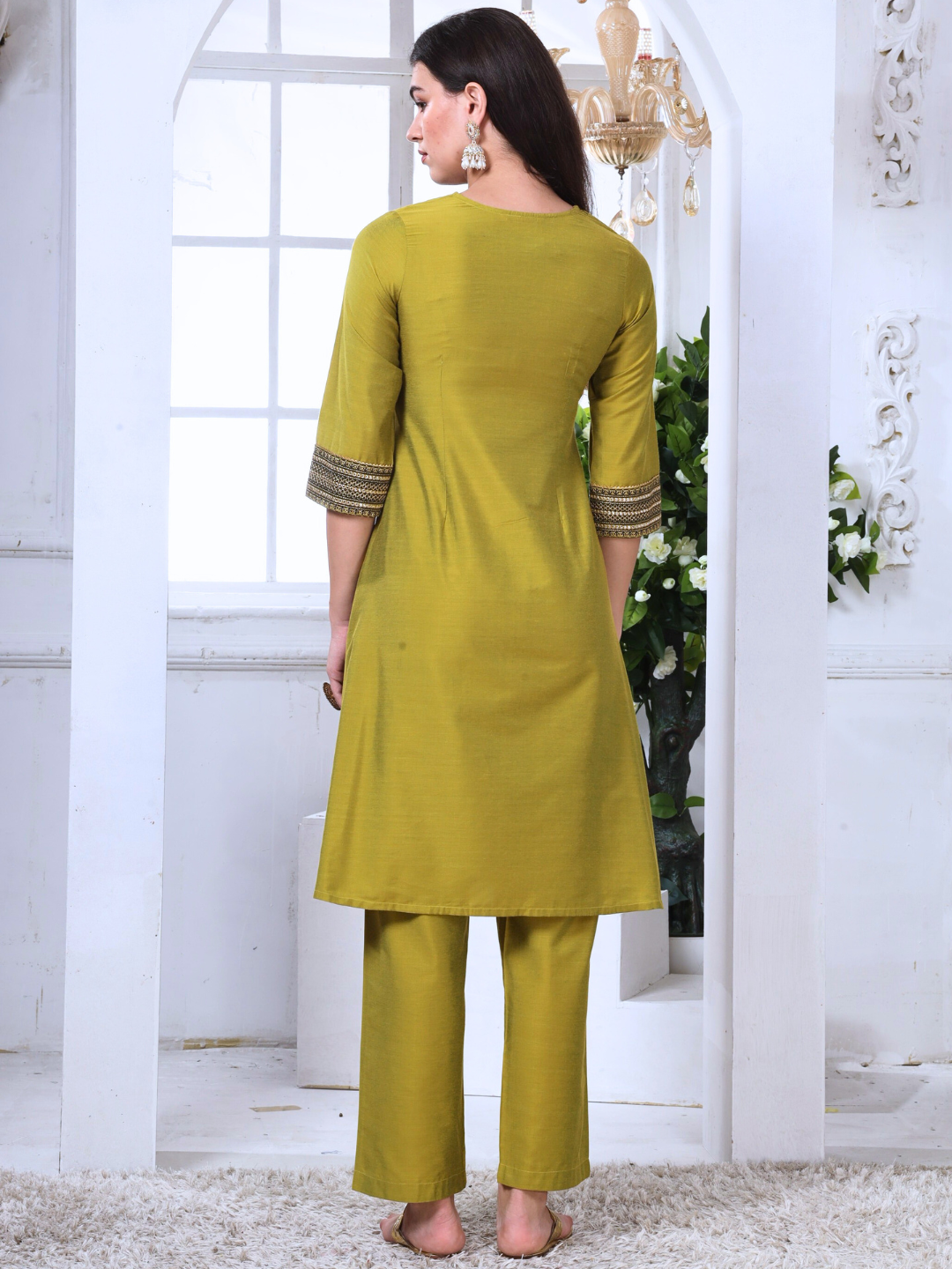 Green Art Silk Embroidered Lace Kurta and Palazzo Set