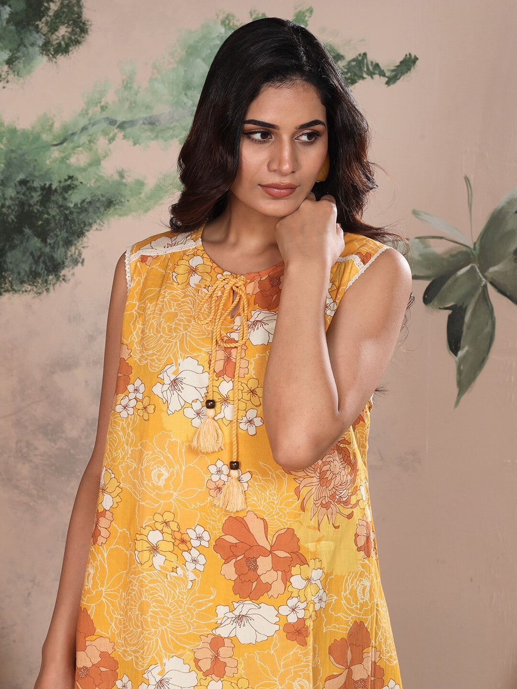 Vintage Yellow Floral Cotton A-Line Dress for Women