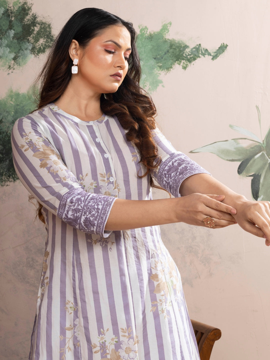 Soft White Cotton Kurta with Lilac Stripes & Floral Print