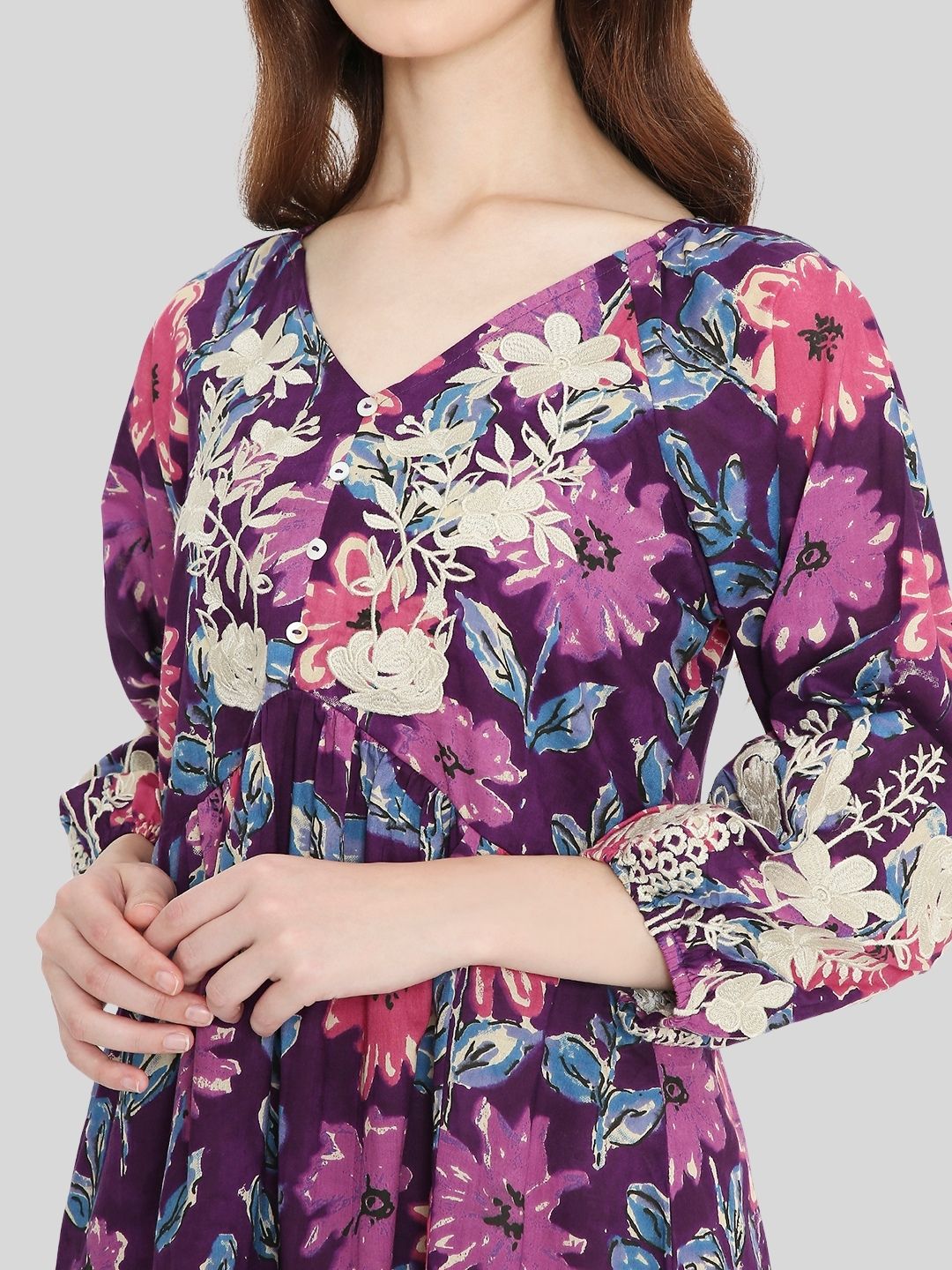 Purple Floral Print Cotton Dress with Neck Embroidery