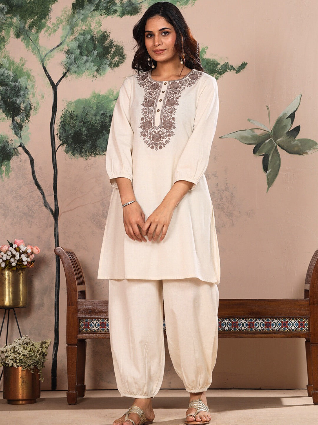 Ecru Natural Embroidered Kurta Set with Piping Salwar