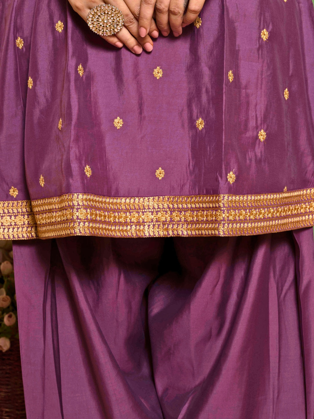 Dusty Plum Kashida Embroidered A-Line Kurta with Farshi Salwar and Dupatta