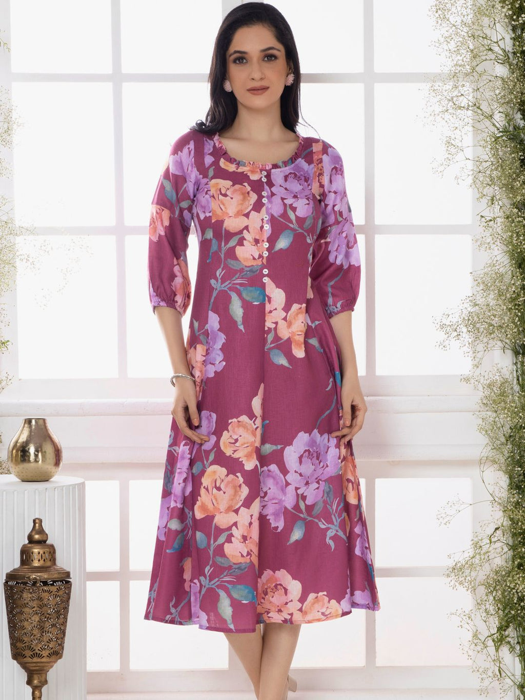 Mystic Pink Floral Elegance Midi Dress