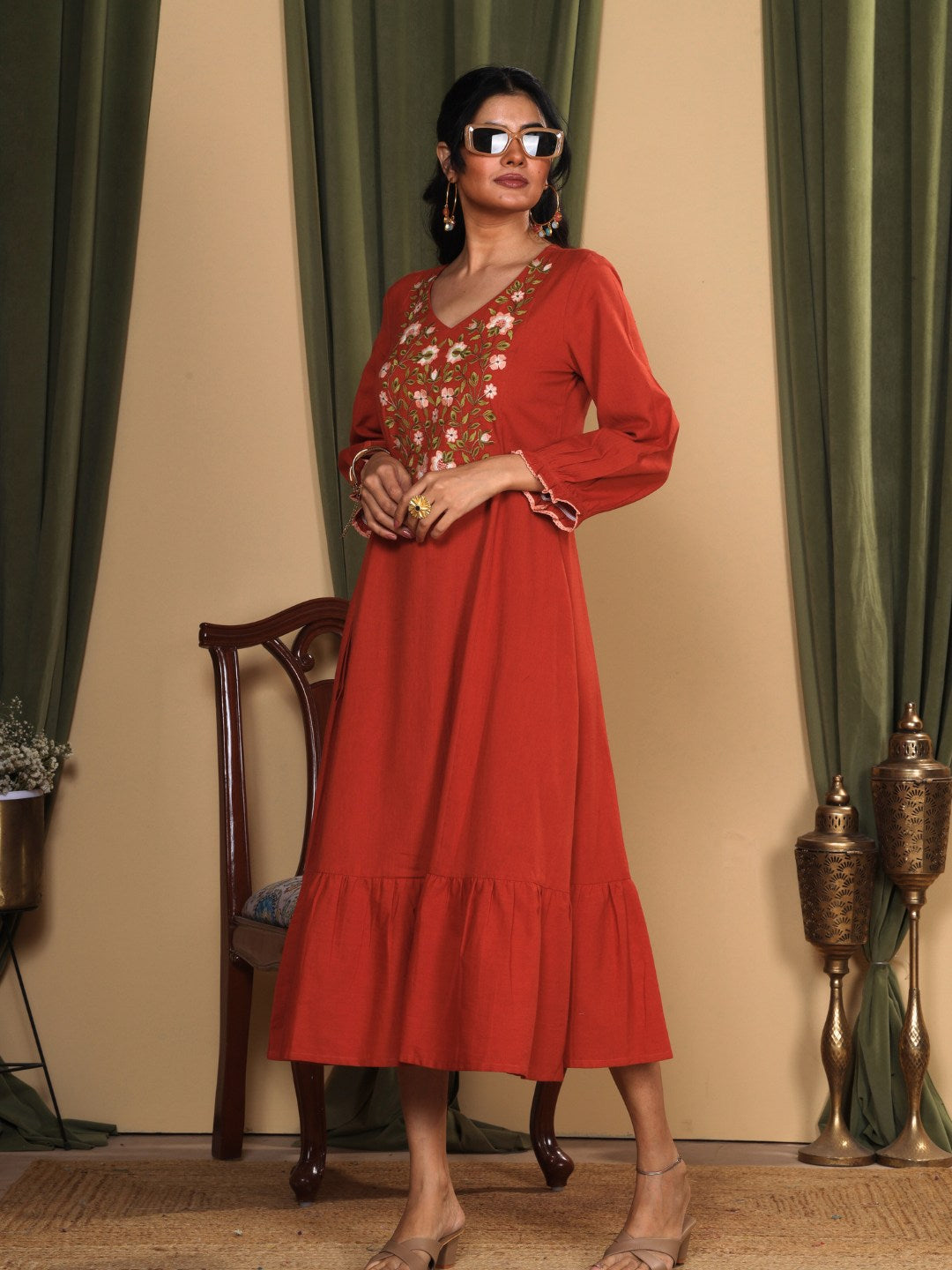 Terracotta Rust Embroidered Cotton Linen Dress