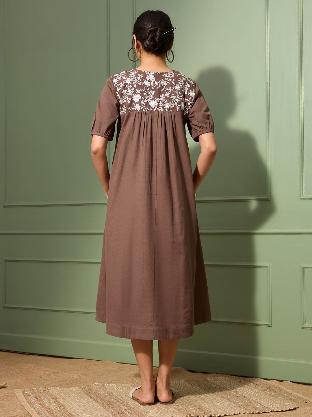 Mocha Brown Cotton Linen Dress A-Line with Parsi Gara Inspired Embroidery