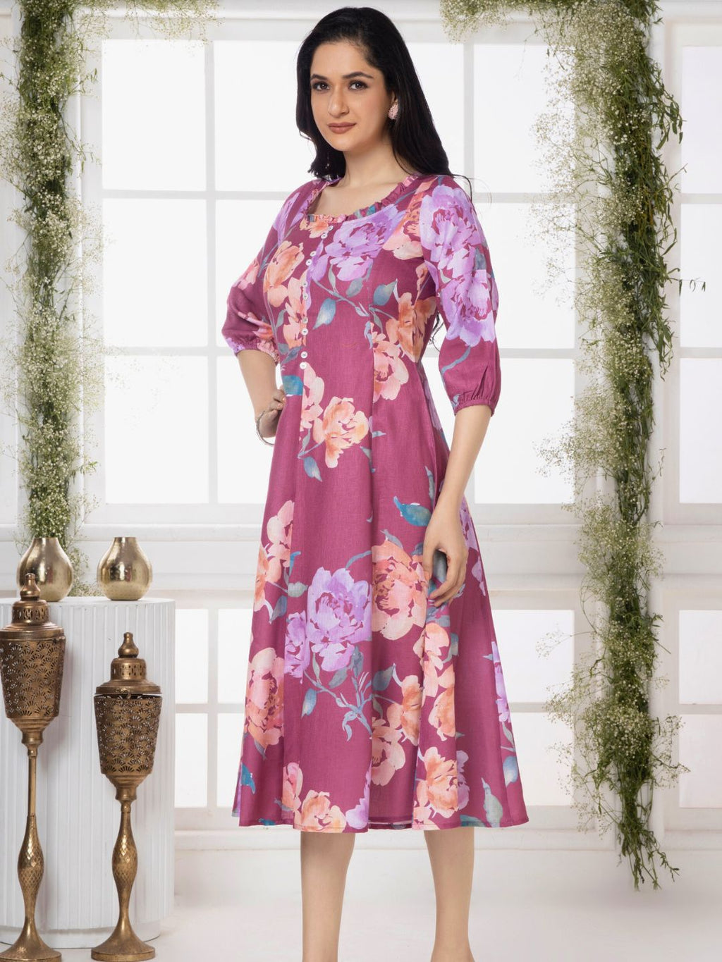 Mystic Pink Floral Elegance Midi Dress