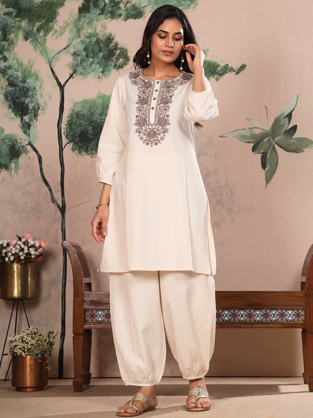Ecru Natural Embroidered Kurta Set with Piping Salwar