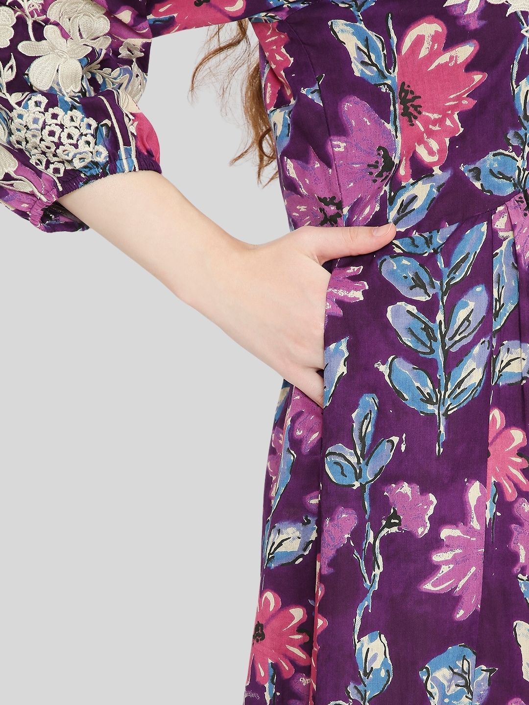 Purple Floral Print Cotton Dress with Neck Embroidery