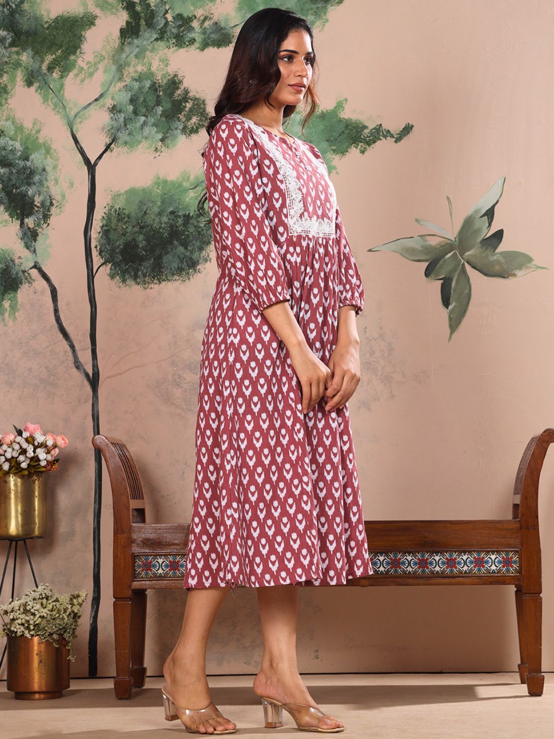Rosewood Pink Cotton Slub Dress Waist Yoke with Embroidery