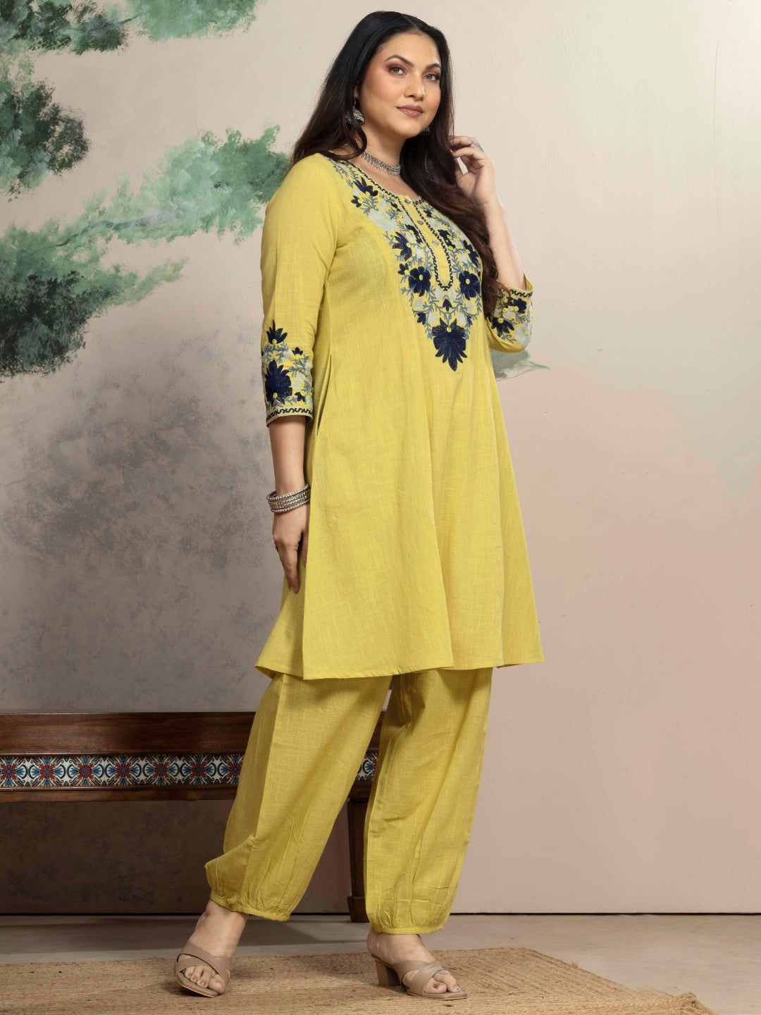 Lime Blossom Kashida Embroidered A-Line Cotton Kurta Set with Salwar
