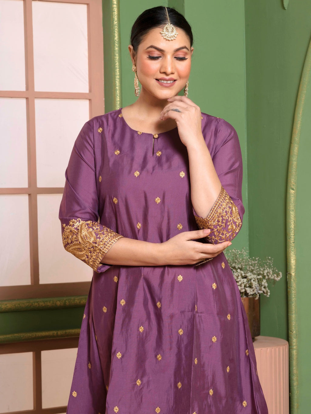Dusty Plum Kashida Embroidered A-Line Kurta with Farshi Salwar and Dupatta