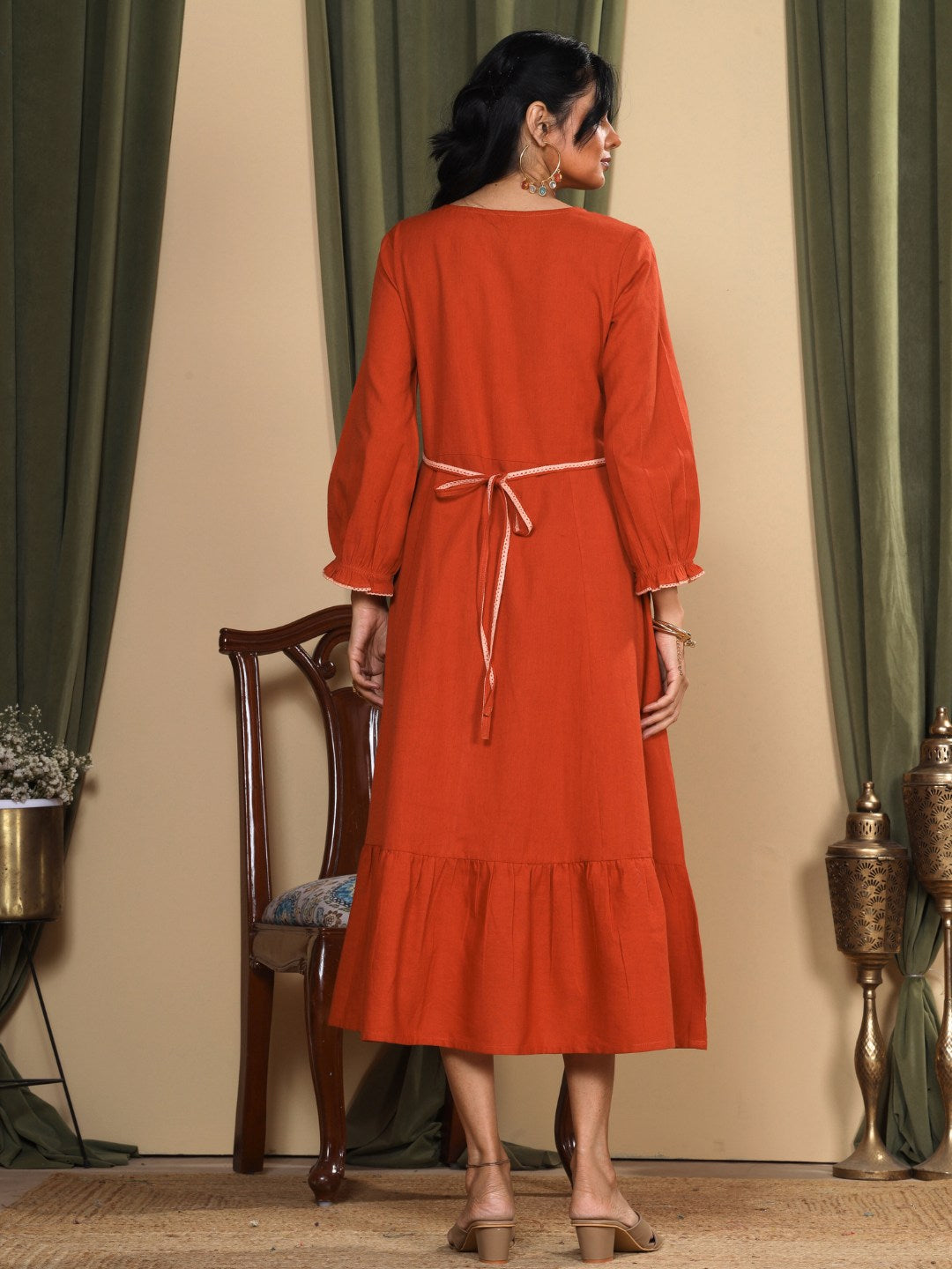 Terracotta Rust Embroidered Cotton Linen Dress Saffron Threads Terracotta Rust Embroidered Cotton Linen Dress Saffron Threads
