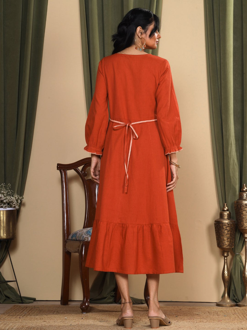 Terracotta Rust Embroidered Cotton Linen Dress