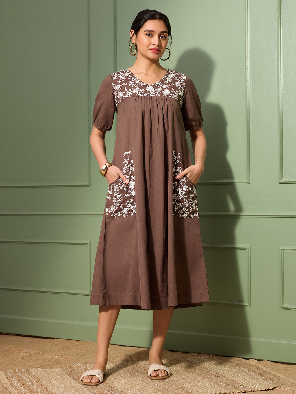 Mocha Brown Cotton Linen Dress A-Line with Parsi Gara Inspired Embroidery