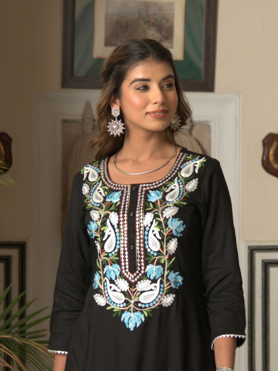 Black Self Design Kurta with Kashida Embroidery