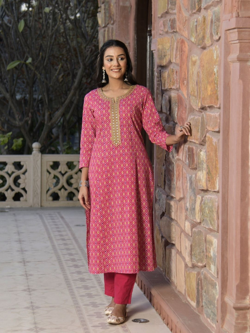 Pink Ikat Print Cotton Kurta with Mirror Neck Embroidery
