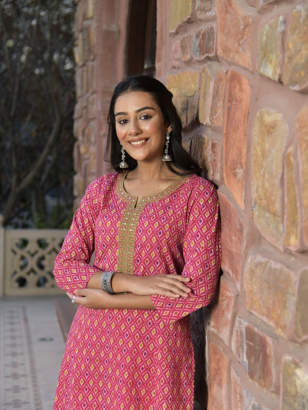 Pink Ikat Print Cotton Kurta with Mirror Neck Embroidery