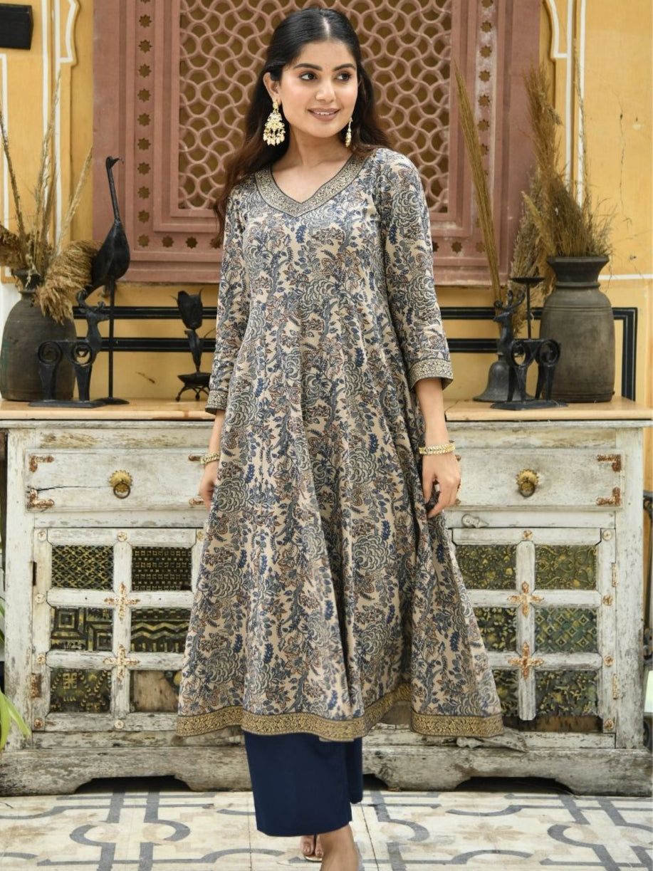 Beige Ethnic Floral Print Anarkali Kurta with Brocade Lace Details