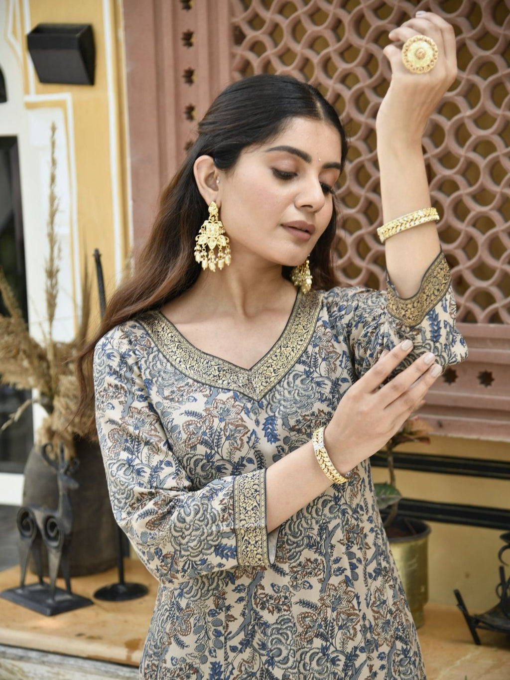 Beige Ethnic Floral Print Anarkali Kurta with Brocade Lace Details