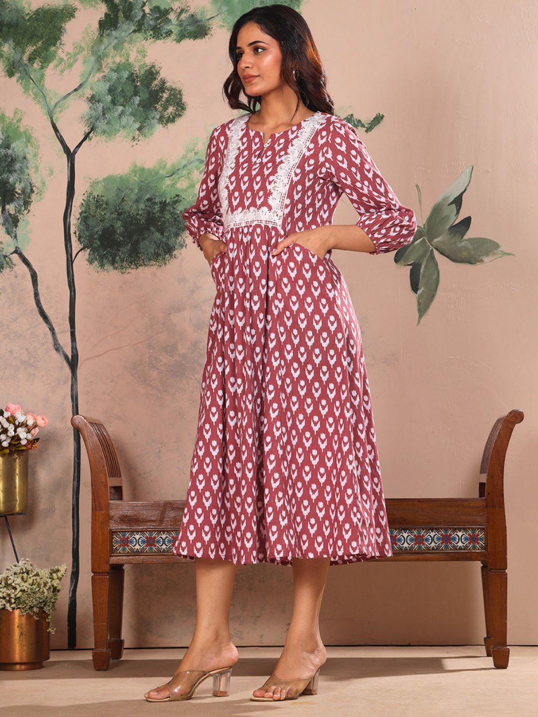 Rosewood Pink Cotton Slub Dress Waist Yoke with Embroidery