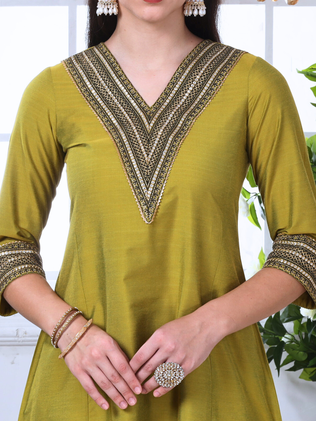 Green Art Silk Embroidered Lace Kurta and Palazzo Set