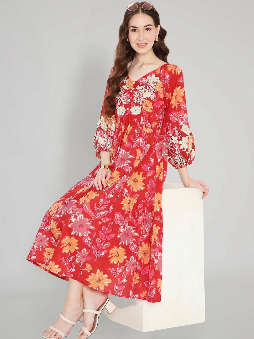 Red Floral Print Cotton Dress with Neck Embroidery Saffron Threads Red Floral Print Cotton Dress with Neck Embroidery Saffron Threads
