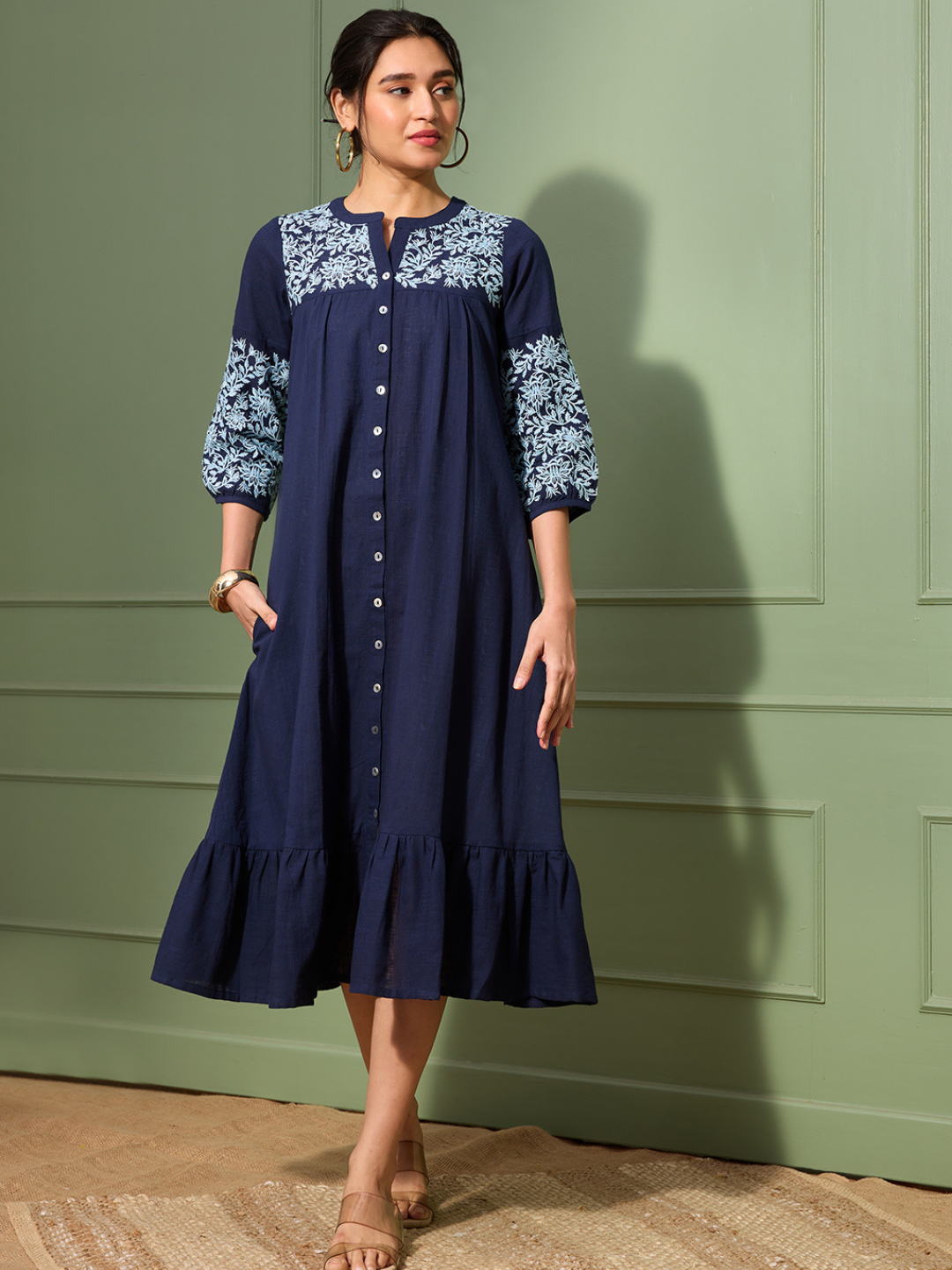 Prussian Blue Boho Chic Embroidered Dress