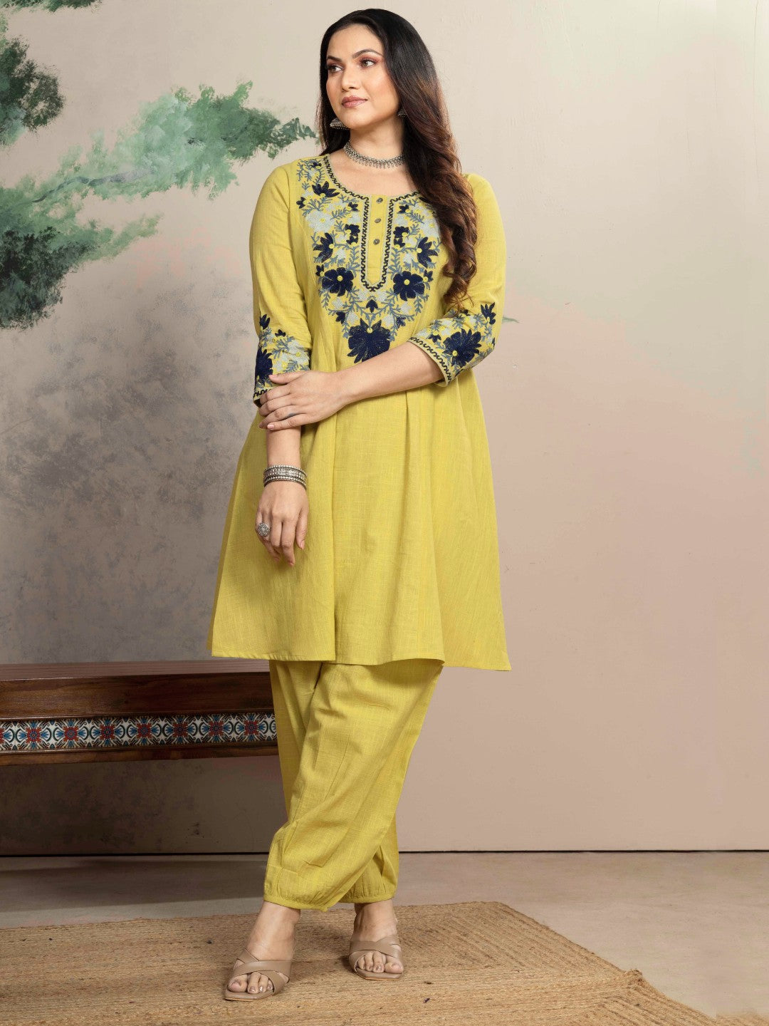 Lime Blossom Kashida Embroidered A-Line Cotton Kurta Set with Salwar