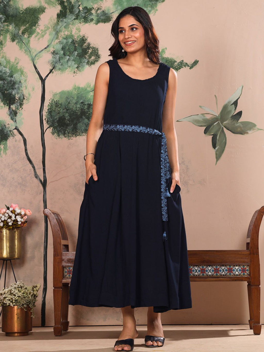 Midnight Navy Blue Parsi Gara Belted A-Line Dress