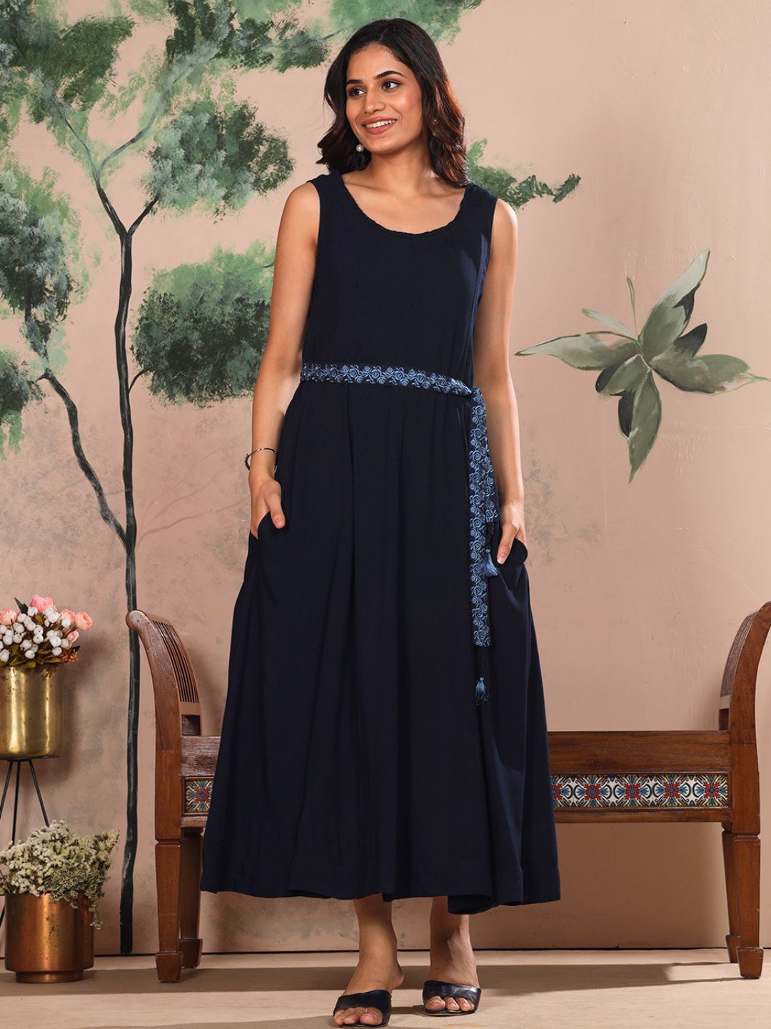 Midnight Navy Blue Parsi Gara Belted A-Line Dress