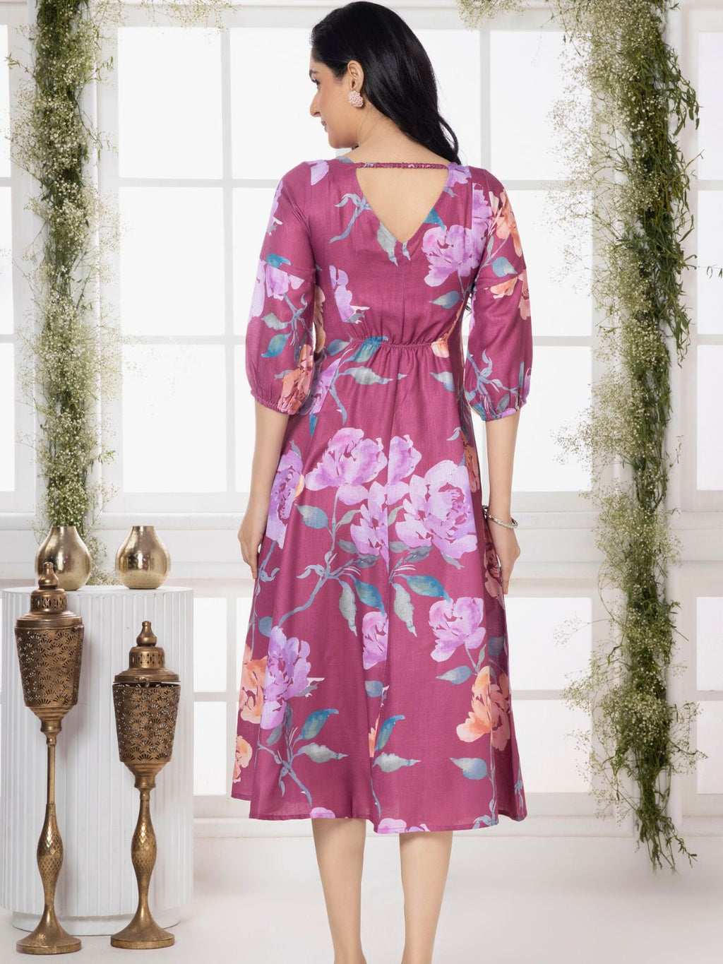 Mystic Pink Floral Elegance Midi Dress