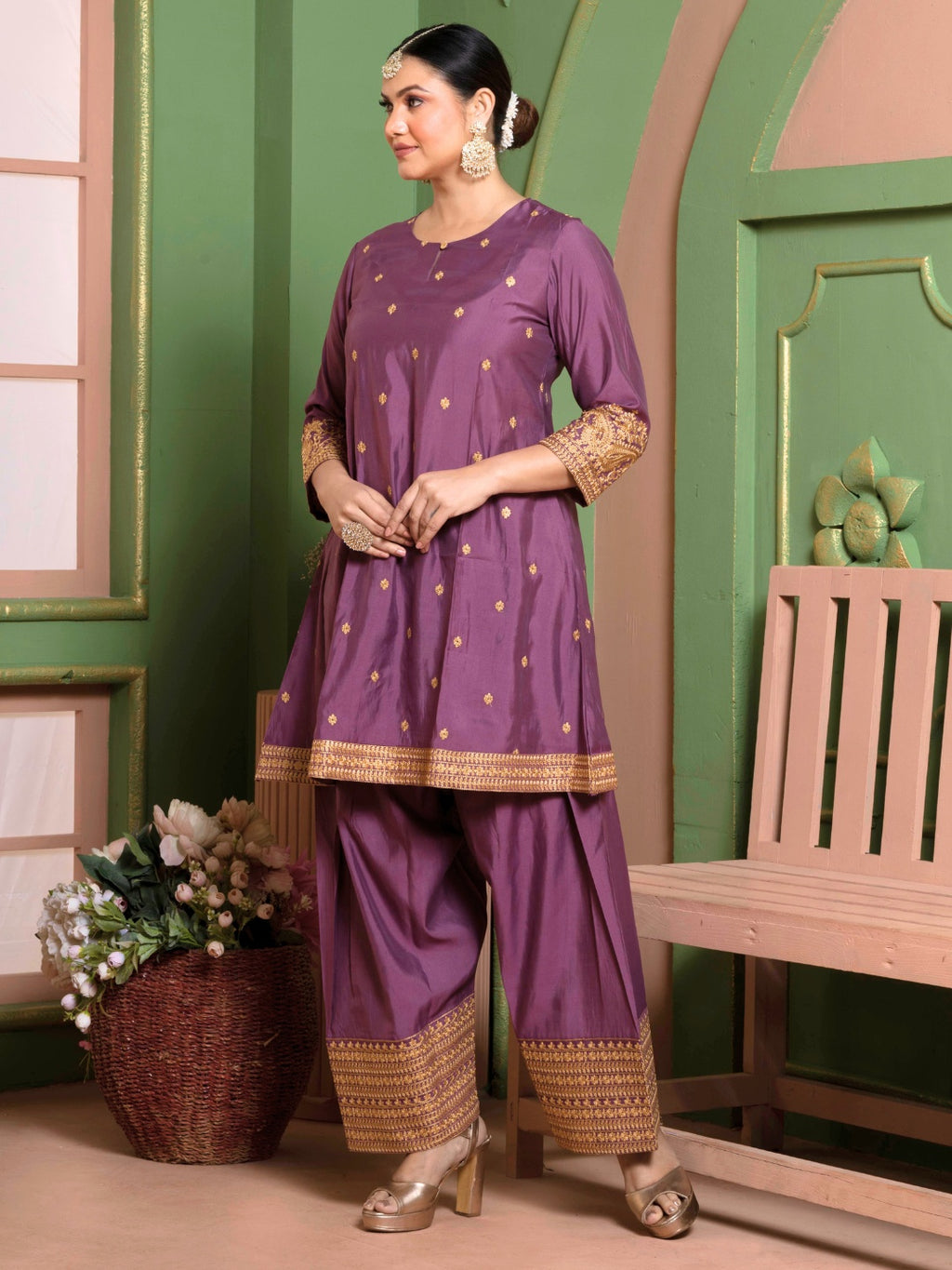 Dusty Plum Kashida Embroidered A-Line Kurta with Farshi Salwar and Dupatta