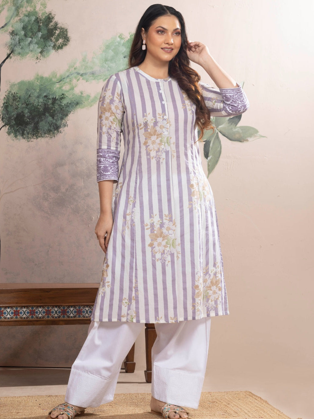 Soft White Cotton Kurta with Lilac Stripes & Floral Print