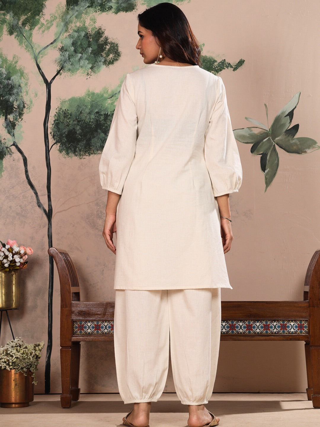 Ecru Natural Embroidered Kurta Set with Piping Salwar
