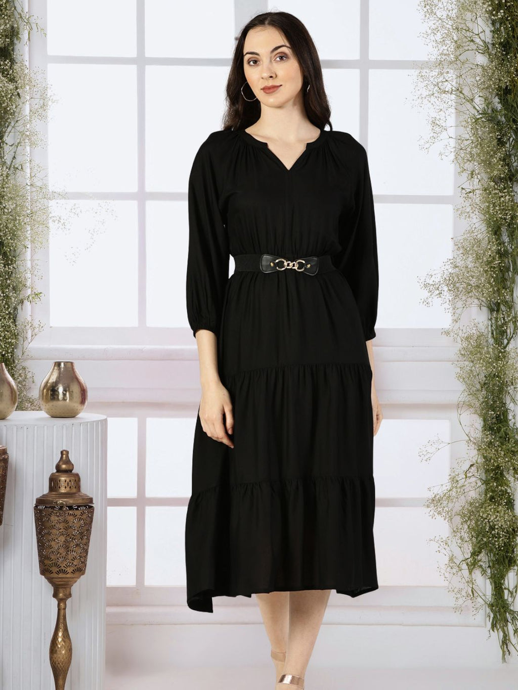 Black Tiered Midi Dress with Elastic Waist Belt – Saffron Threads