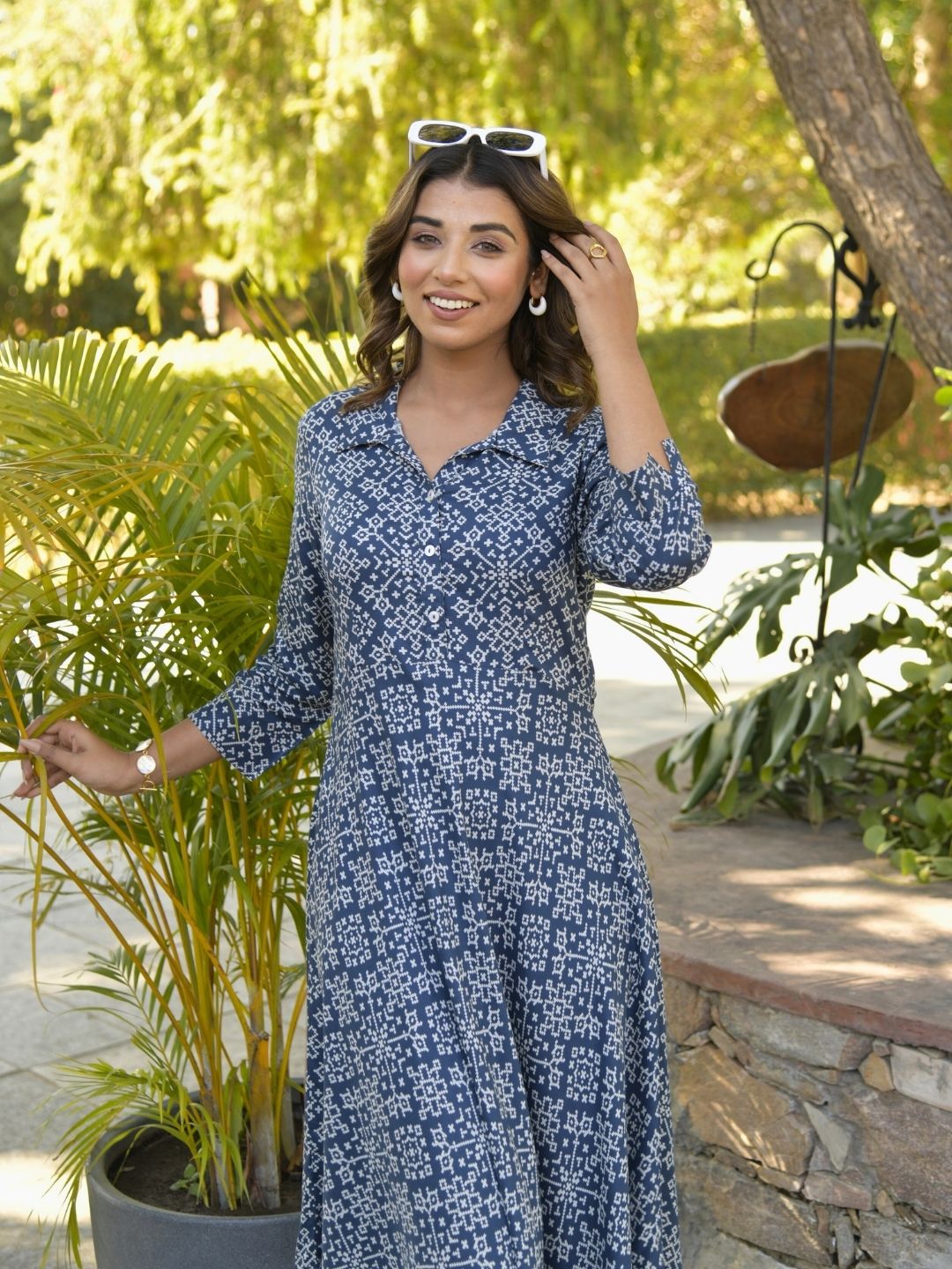 Navy Blue Patola Print Shirt Collar Midi Dress XS - Main Image