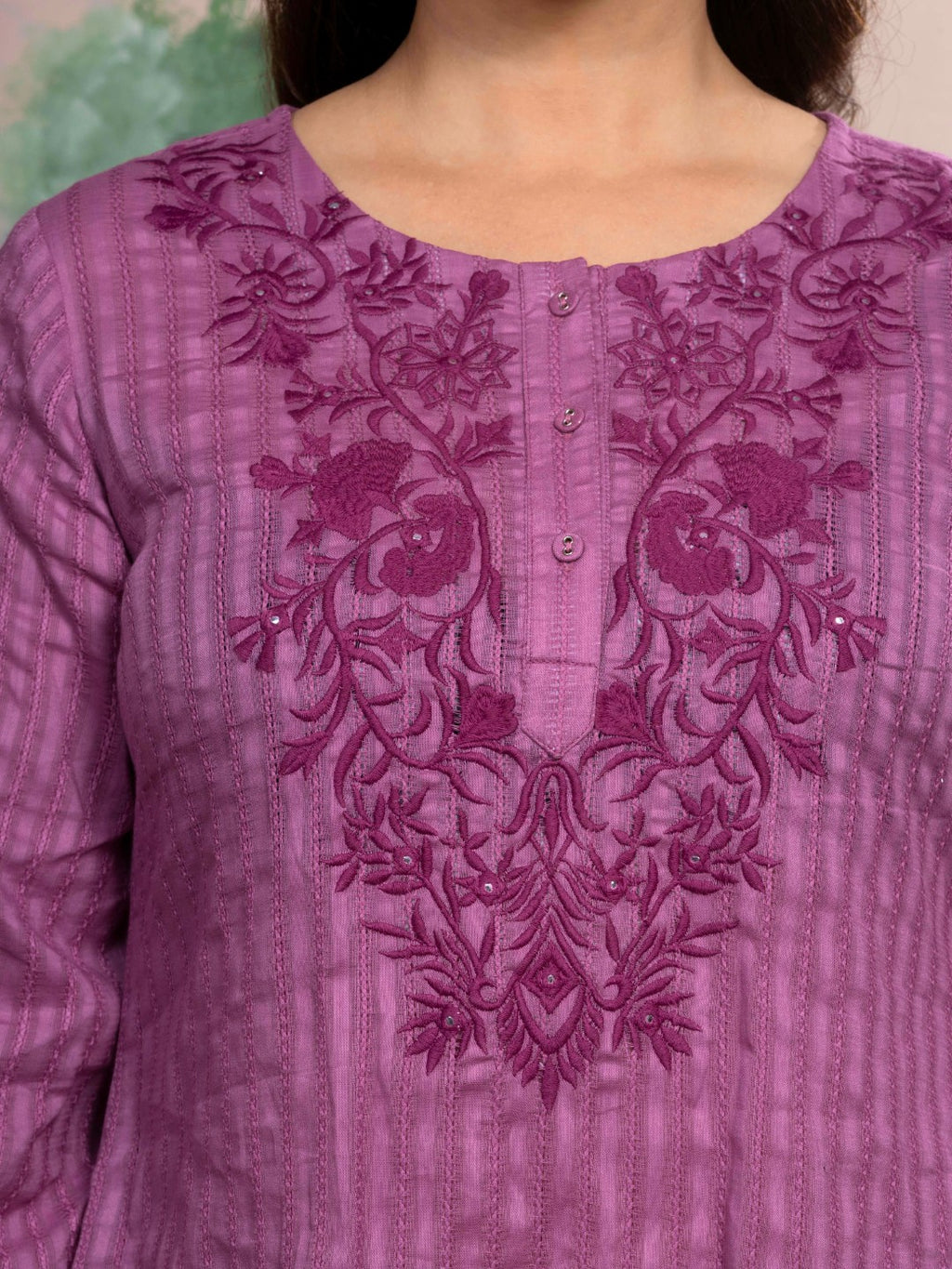 Mulberry Blush Cotton Leno Stripe Embroidered Kurta Set with Palazzo