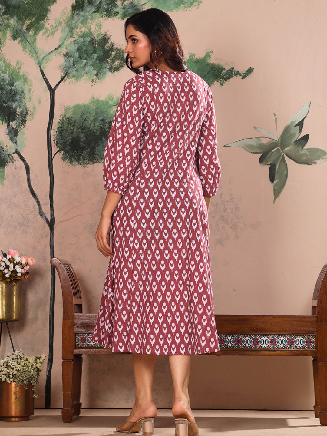 Rosewood Pink Cotton Slub Dress Waist Yoke with Embroidery