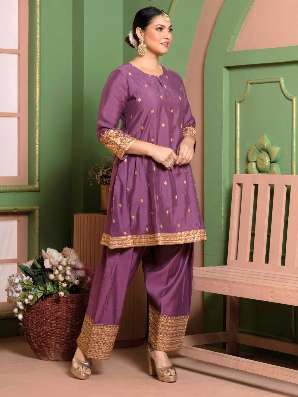 Dusty Plum Kashida Embroidered A-Line Kurta with Farshi Salwar and Dupatta
