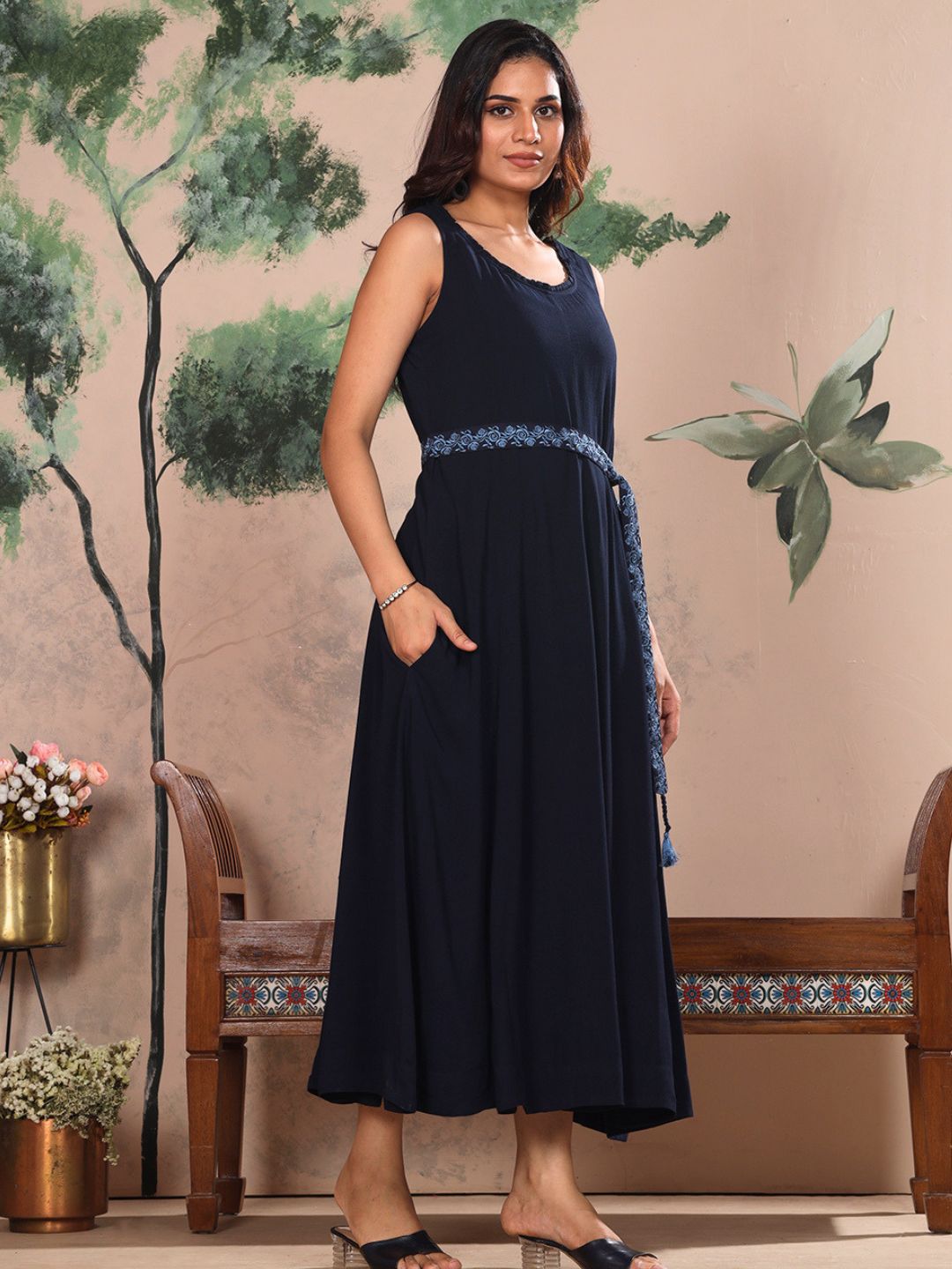 Midnight Navy Blue Parsi Gara Belted A-Line Dress