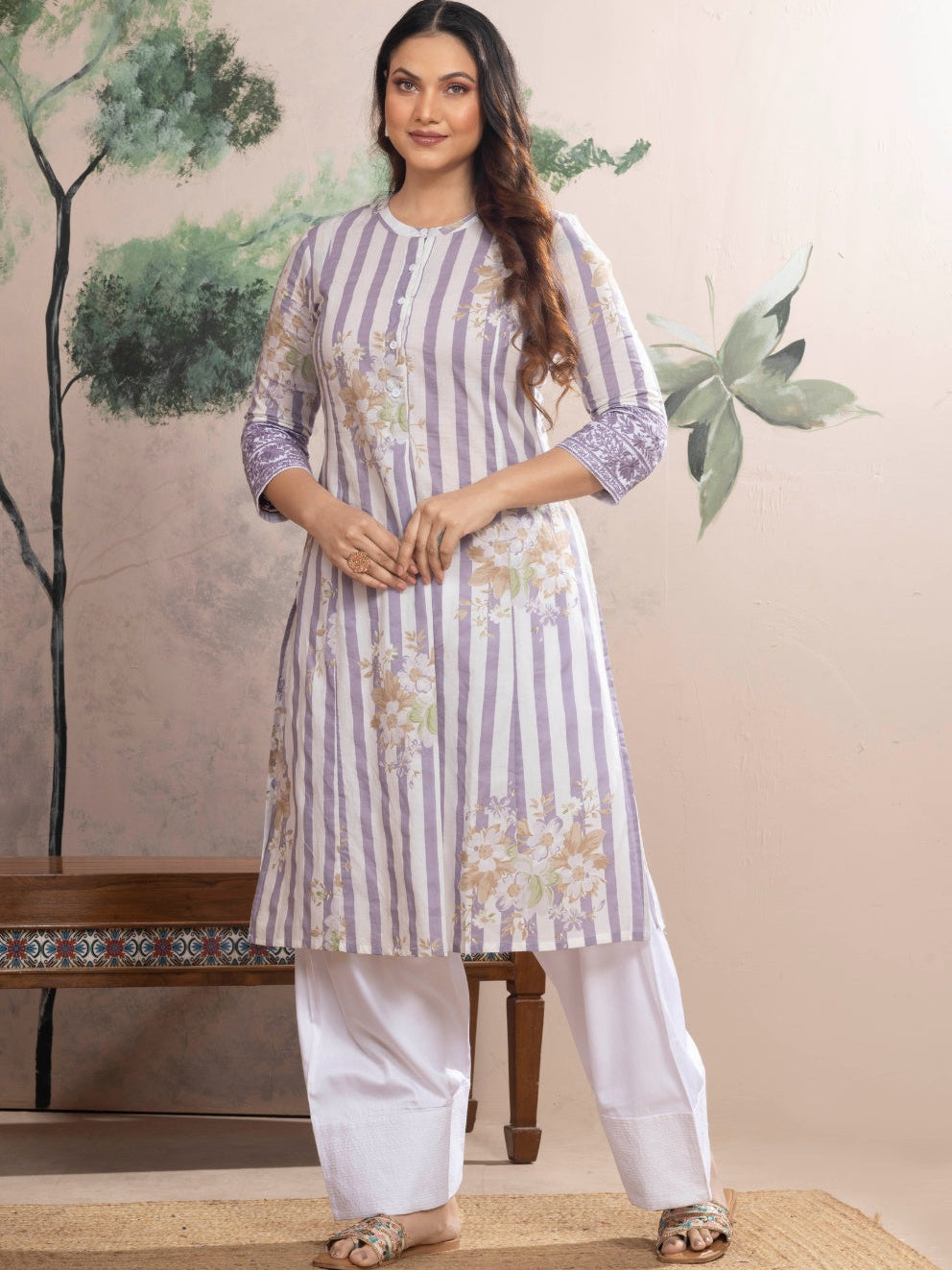 Soft White Cotton Kurta with Lilac Stripes & Floral Print