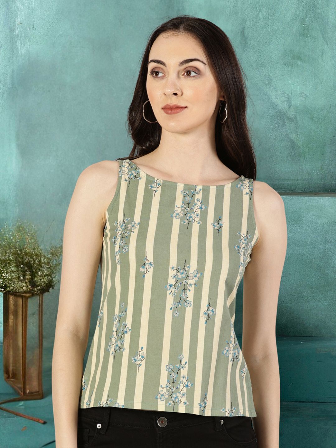 Green Striped Top with Floral Print