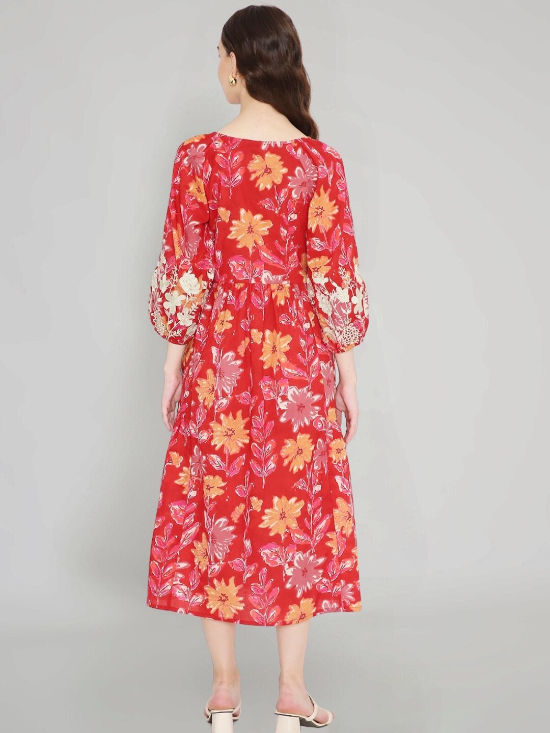 Red Floral Print Cotton Dress with Neck Embroidery