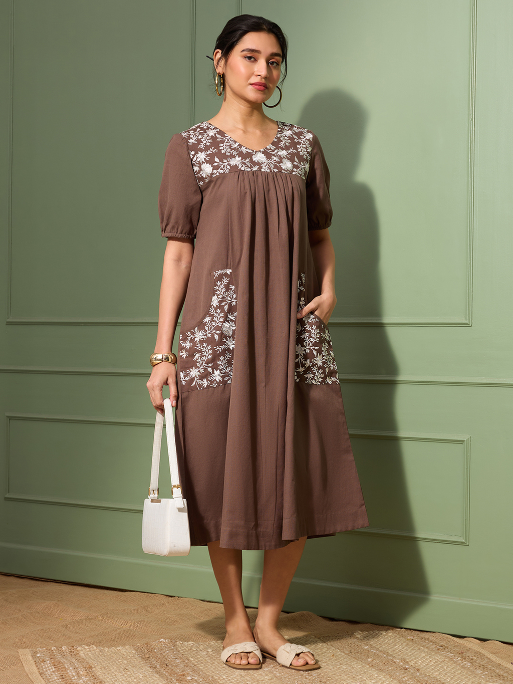 Mocha Brown Cotton Linen Dress A-Line with Parsi Gara Inspired Embroidery