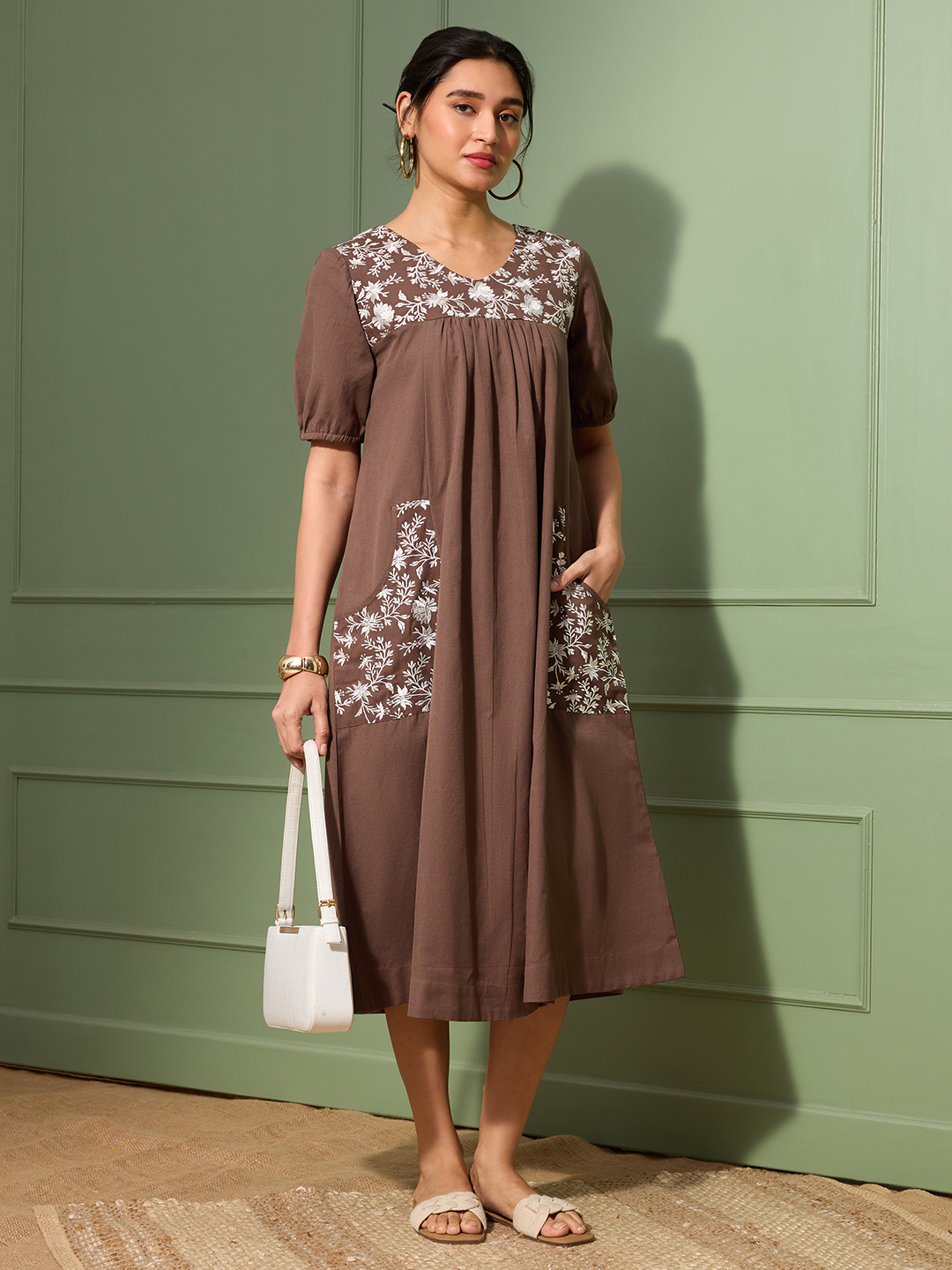 Mocha Brown Cotton Linen Dress A-Line with Parsi Gara Inspired Embroidery