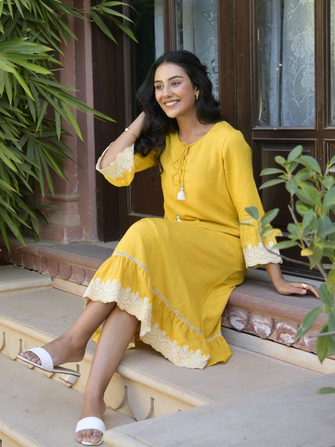 Yellow Solid Midi Dress with Lace Embroidered Details  Saffron Threads