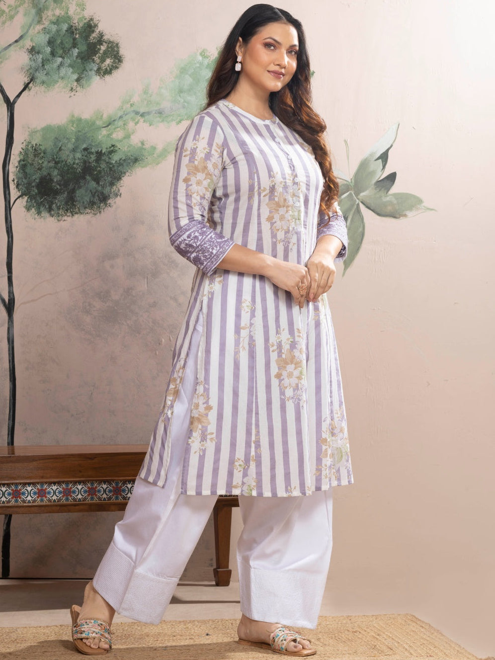 Soft White Cotton Kurta with Lilac Stripes & Floral Print