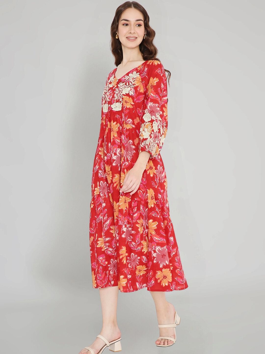 Red Floral Print Cotton Dress with Neck Embroidery  Saffron Threads