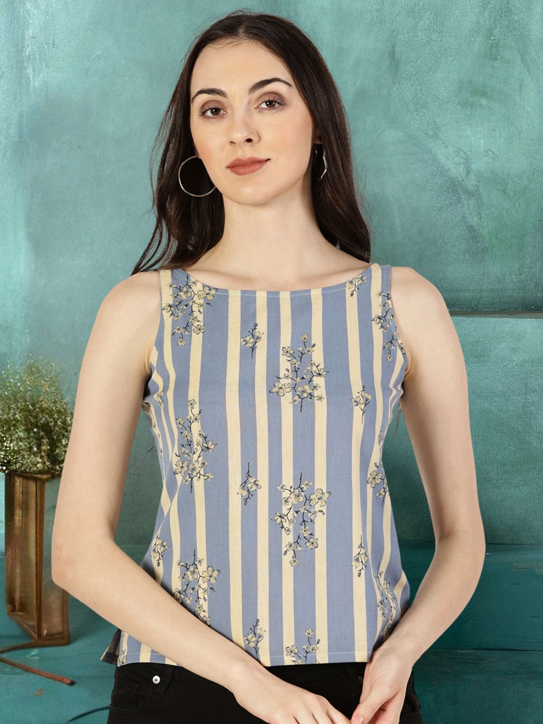 Blue Striped Top with Floral Print