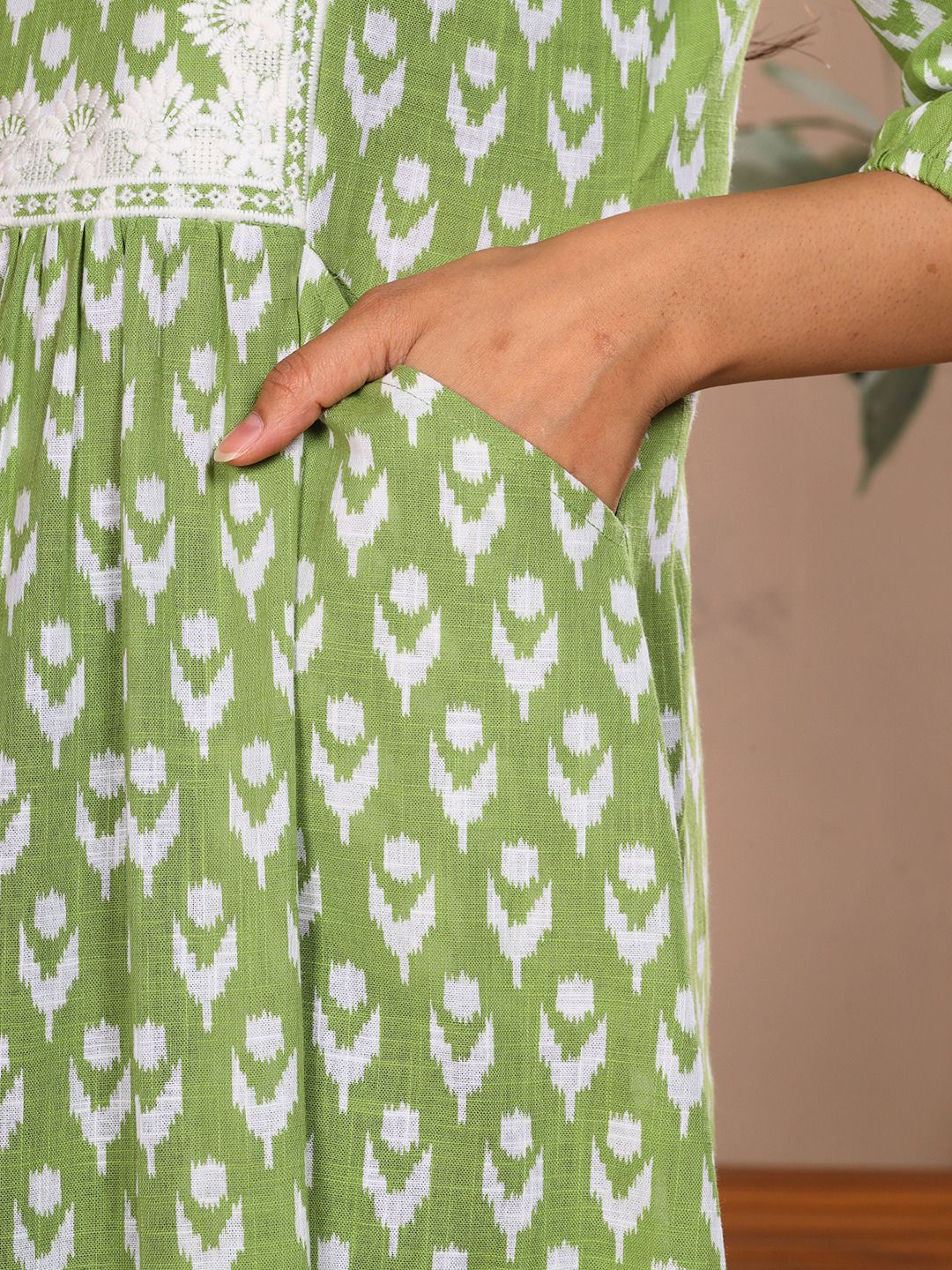 Sage Green Cotton Slub Dress Waist Yoke with Embroidery